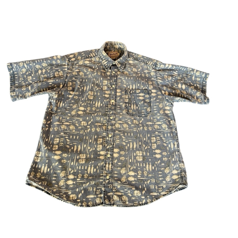 Vintage 90’s WOOLRICH Mens Button UP Shirt Fishing All Over Print Fisherman SZ L